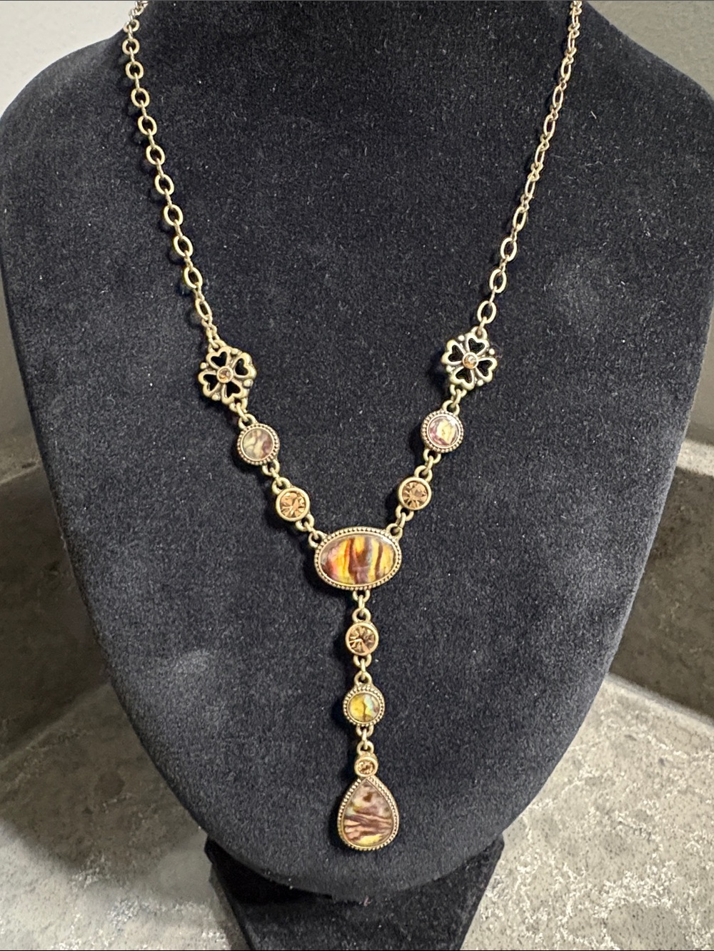 Gold-Tone Brown and Amber Y-Drop Necklace with Multi-Stone Accents